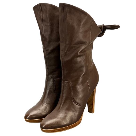 Brown Soft Leather Platform 4.5" Heel Mid Calf Western Boots Women 8.5B - Picture 1 of 13